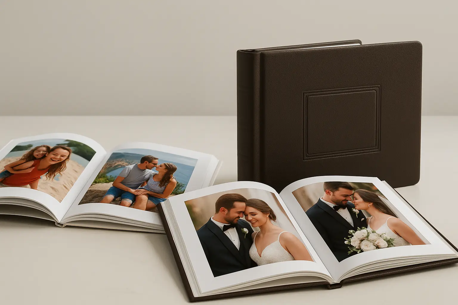 Side-by-side comparison of two open photo products: a lightweight photobook with colorful family photos and a premium leather-bound photo album with elegant wedding images, highlighting differences in quality and positioning.