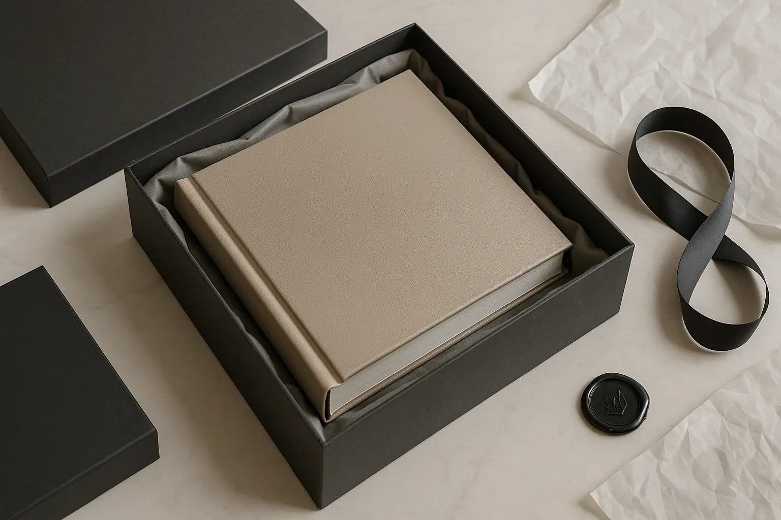 Elegant unboxing scene with a luxury photo album inside a sturdy matte gift box, lined with soft fabric and accompanied by a satin ribbon, tissue paper, and a wax seal, highlighting premium packaging design.
