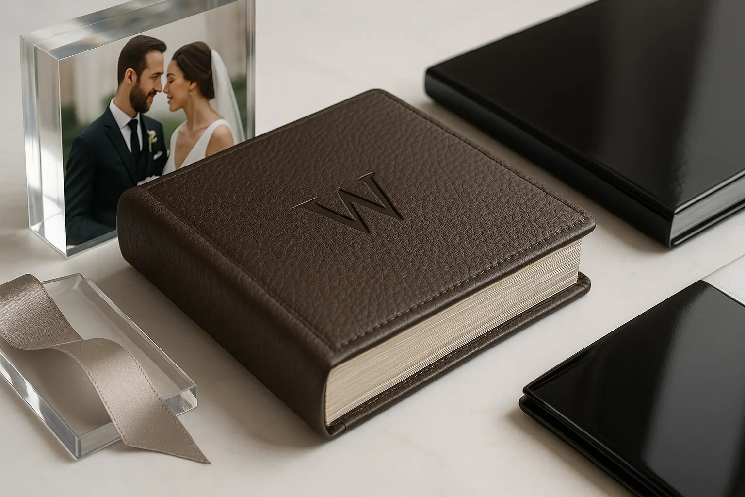 Close-up of luxury photo products including a textured leather photo book with embossed monogram, a crystal-clear acrylic wedding print, and glossy photo albums, highlighting fine details and premium finishes.
