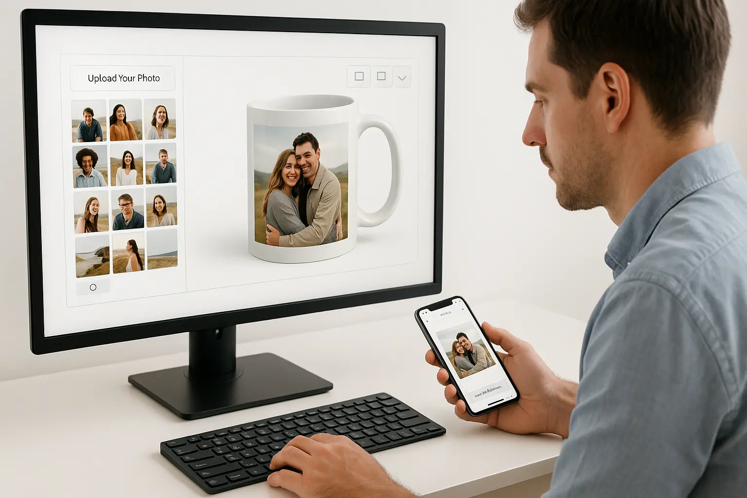 Man at a white desk customizing a photo mug using an online editor displayed on both a desktop monitor and a smartphone; the interface shows photo thumbnails, an “Upload Your Photo” button, and a product preview.
