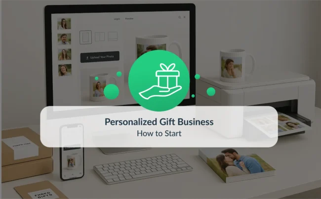 Banner image for a blog post titled “Personalized Gift Business: How to Start,” featuring a modern web-to-print workspace with a computer and smartphone showing a photo mug editor, a compact printer producing custom photo products, and clean packaging — all overlaid with a green icon of a hand holding a gift box.