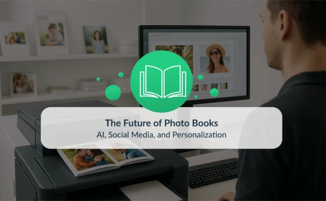 A modern digital print environment showing a person monitoring a customized photo book design on a large screen, while a photo book with vibrant images is being printed. The overlay features a green icon of an open book and the headline: "The Future of Photo Books – AI, Social Media, and Personalization."