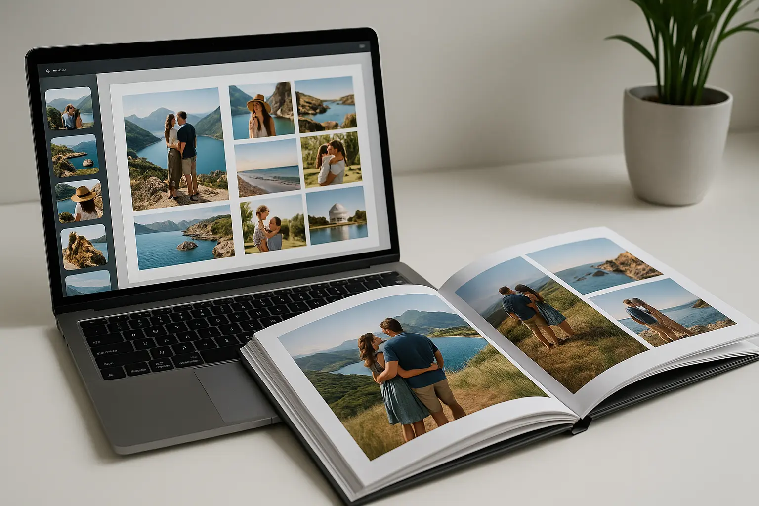 Modern desk setup with a laptop displaying an AI-generated photo album layout alongside an open printed photo book showing vibrant travel and family photos, highlighting efficiency and professional quality.