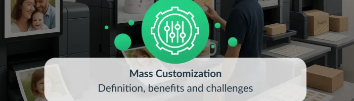 A modern web-to-print production line showcasing mass customization in action. Multiple digital printers are simultaneously producing personalized photo books, mugs, calendars, and packaging. A male operator interacts with a touchscreen interface. Overlay text reads: "Mass Customization – Definition, benefits and challenges" with a green icon symbolizing customization.