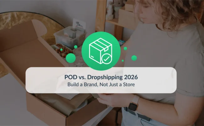 A person packing products into a cardboard box at a small workspace, representing the concept of Print on Demand versus dropshipping in 2026.