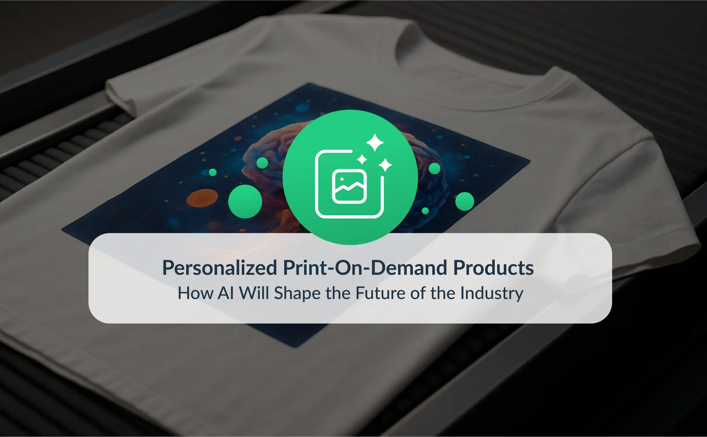 A white T-shirt on a production line featuring a creative AI-generated print, symbolizing the role of artificial intelligence in transforming personalized print-on-demand products.