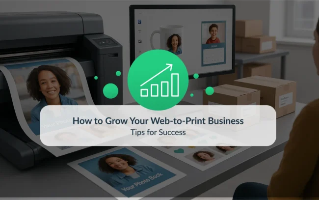 Modern web-to-print production workspace with a large-format printer, a screen showing personalized product designs (mug and calendar), printed photo book pages, and labeled packaging boxes. Overlay text reads “How to Grow Your Web-to-Print Business – Tips for Success” with a green growth icon.