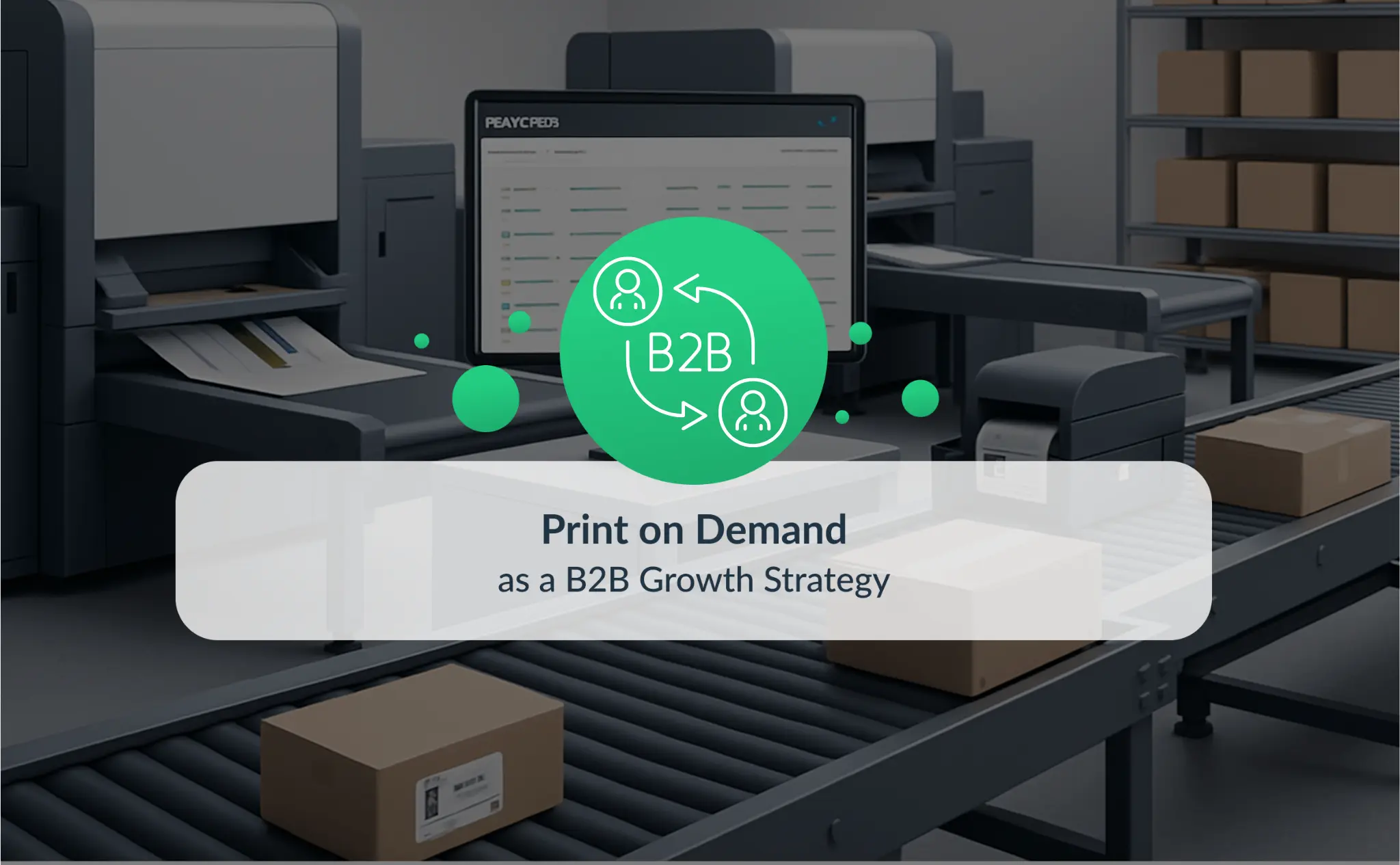 Modern print-on-demand facility with automated packaging line, digital print machines, and a central dashboard screen. Overlay text reads “Print on Demand as a B2B Growth Strategy” with a green B2B icon.