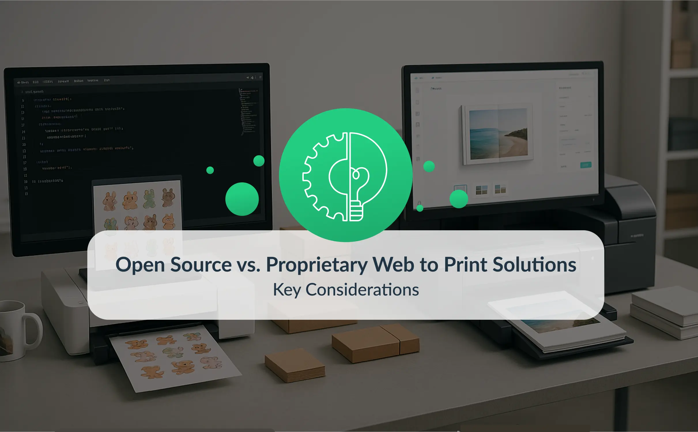 Modern web-to-print workspace comparing open-source and proprietary solutions, with printed photo products and digital interfaces.