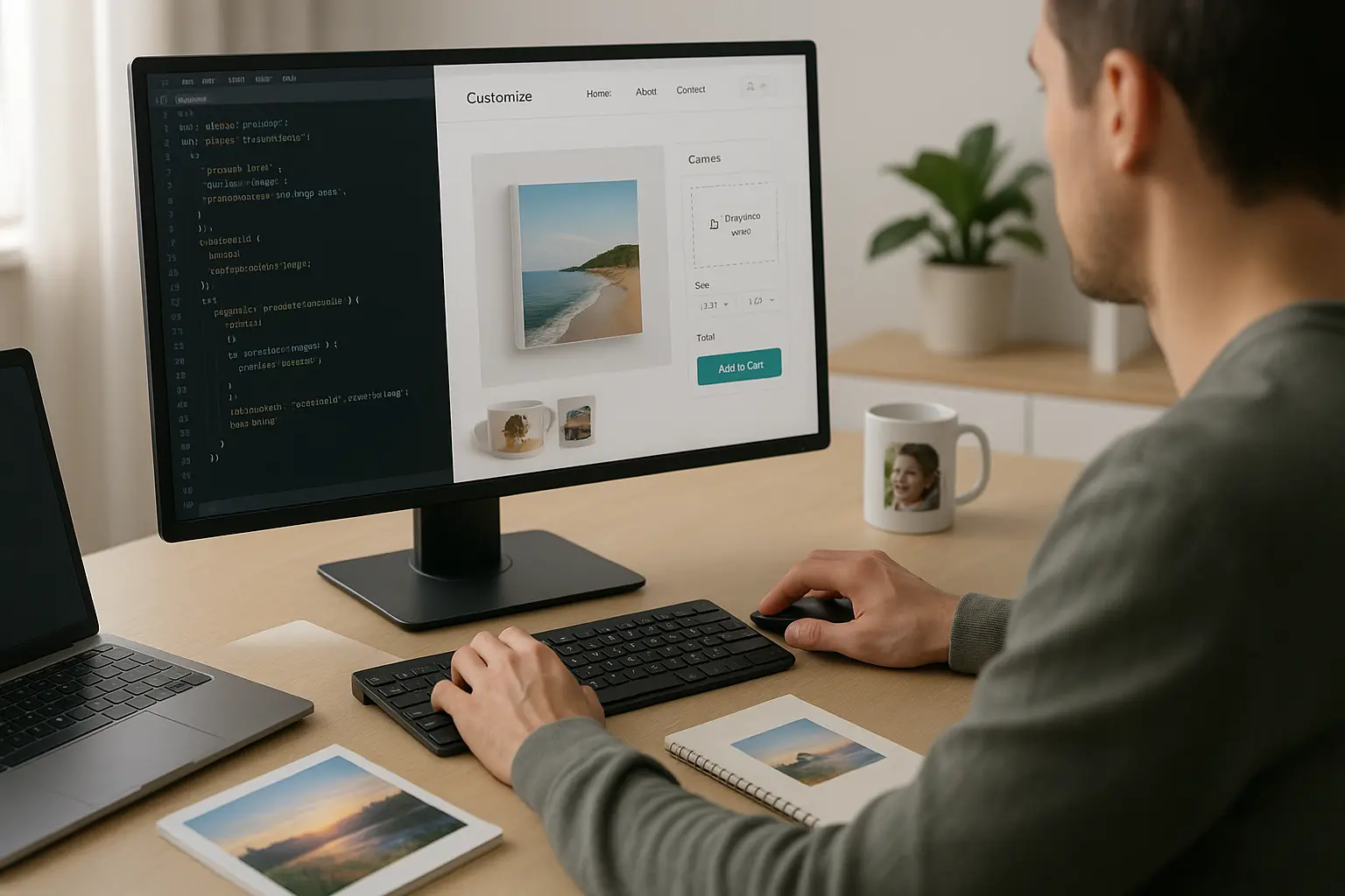 Developer customizing an open-source web-to-print storefront with a photo product editor and code visible on screen in a modern workspace.

