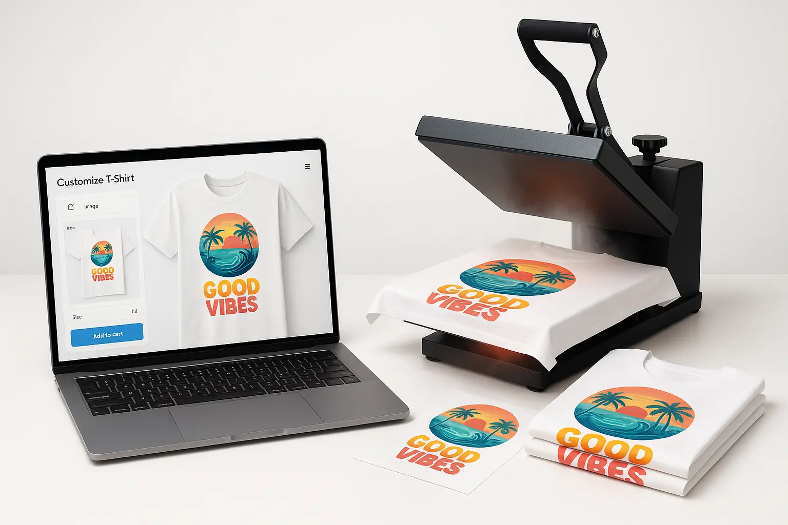Ultra-realistic studio scene showing the sublimation process on a T-shirt: a laptop with an online product editor displaying a “GOOD VIBES” design, a heat press transferring the print onto a polyester T-shirt, and neatly folded finished shirts with vibrant, durable prints.