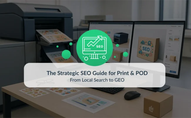 Cover image for the blog post “The Strategic SEO Guide for Print & POD.” A modern digital print-on-demand workspace with a printer producing custom sticker sheets and packaging, and a workstation displaying a web-to-print editor interface. Overlaid graphic with SEO icon and blog title.