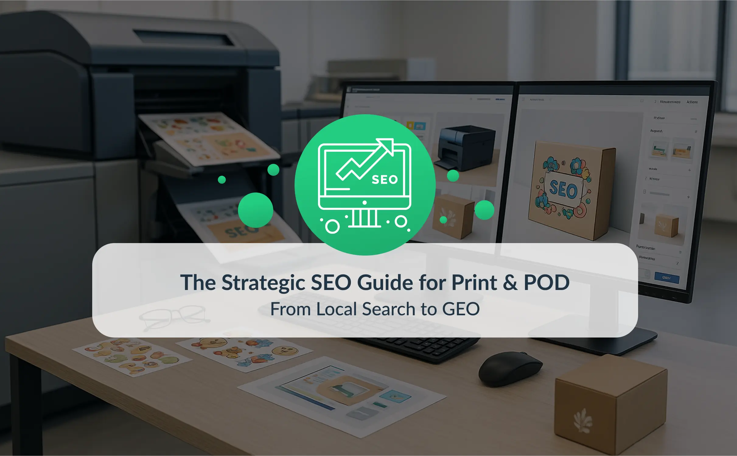 Cover image for the blog post “The Strategic SEO Guide for Print & POD.” A modern digital print-on-demand workspace with a printer producing custom sticker sheets and packaging, and a workstation displaying a web-to-print editor interface. Overlaid graphic with SEO icon and blog title.