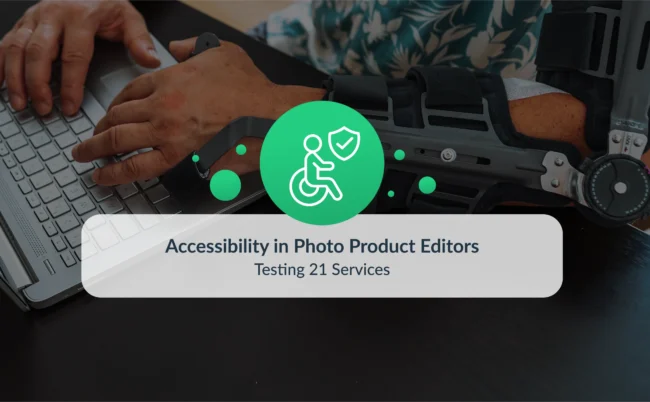 A person using an orthopedic arm orthosis while typing on a laptop, symbolizing accessibility challenges in photo product editors.