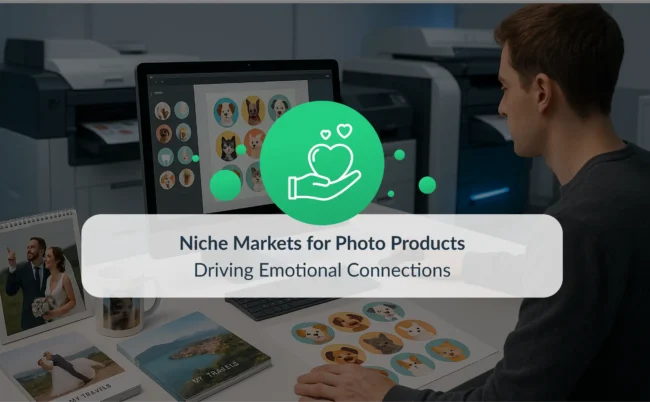 Man designing personalized photo products on a computer, including pet stickers, photo books, and mugs, with the text “Niche Markets for Photo Products – Driving Emotional Connections.”