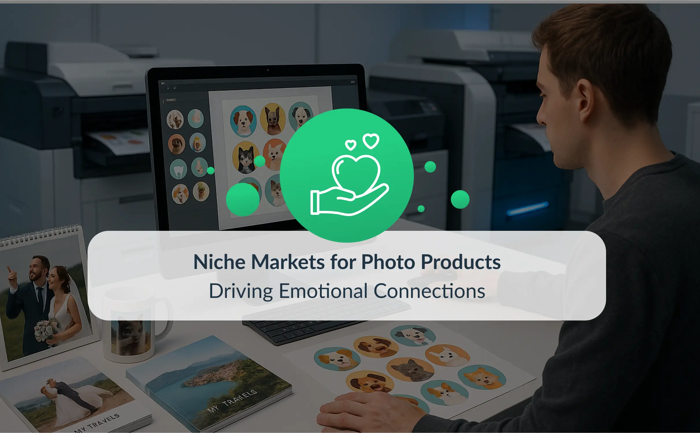 Man designing personalized photo products on a computer, including pet stickers, photo books, and mugs, with the text “Niche Markets for Photo Products – Driving Emotional Connections.”