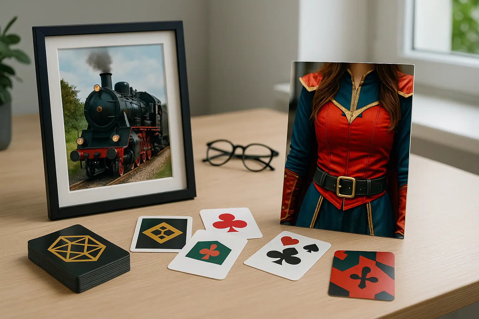 Creative workspace with personalized photo products, including a framed vintage train print, custom board game cards with unique symbols, and a cosplay-themed photo print on a desk.