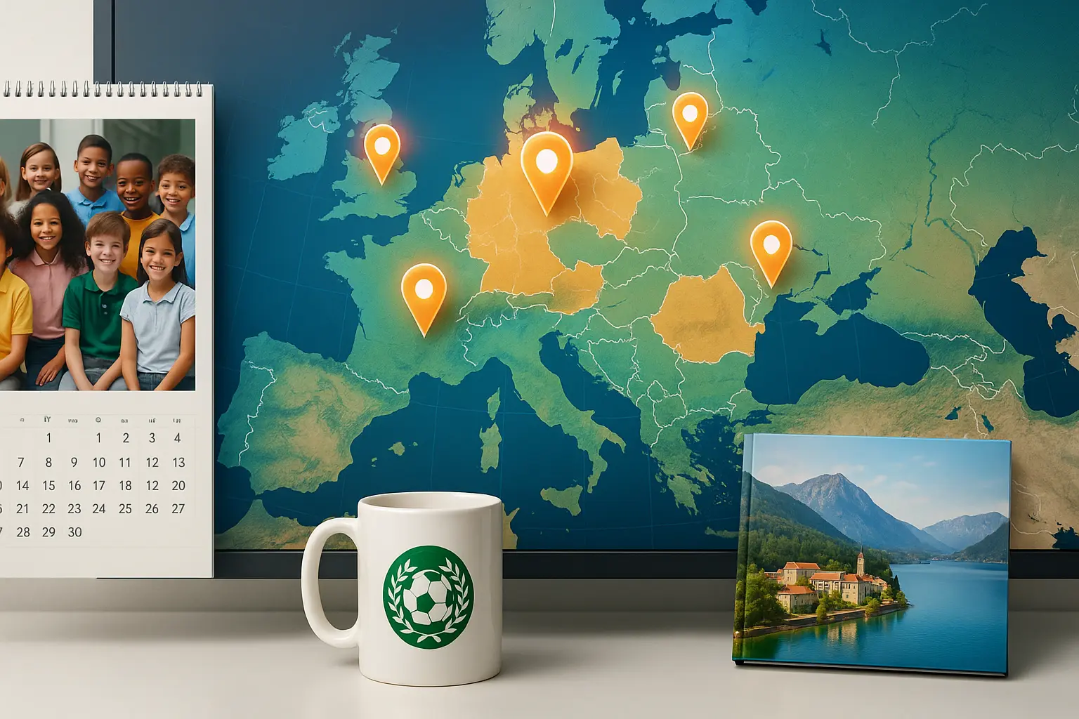 Personalized photo products displayed in front of a digital map with glowing location pins, including a school calendar, a sports club mug, and a photo book with a regional landmark, symbolizing targeted local marketing.