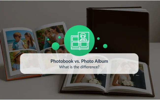 Side-by-side comparison of an open photobook with colorful family photos and a premium leather photo album with elegant wedding images, with the text “Photobook vs. Photo Album – What is the difference?” displayed in the center.