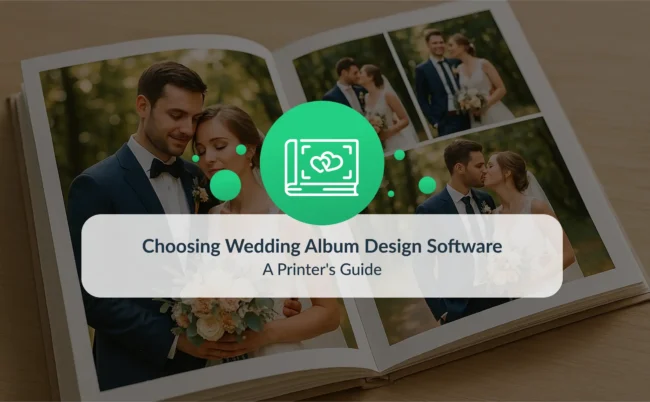 Cover image for the blog post “Choosing Wedding Album Design Software.” An elegant wedding photo album is open on a wooden surface, showing portraits of a bride and groom. A graphic overlay with green circles and the blog title is centered in the composition.