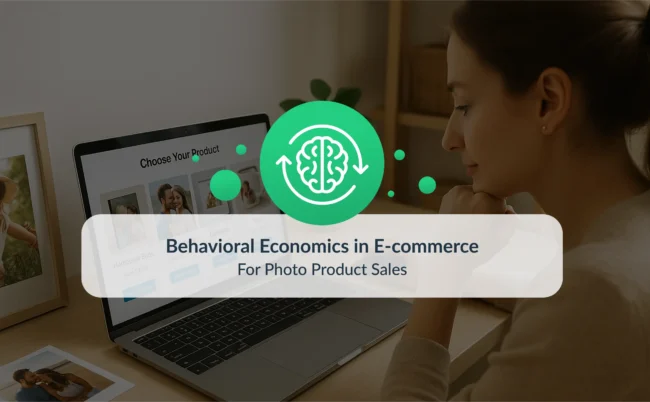 Cover image for the blog post “Behavioral Economics in E-commerce.” A woman is browsing personalized photo product options on her laptop in a clean, modern workspace. An overlay with a green brain icon and the blog title is centered in the composition.