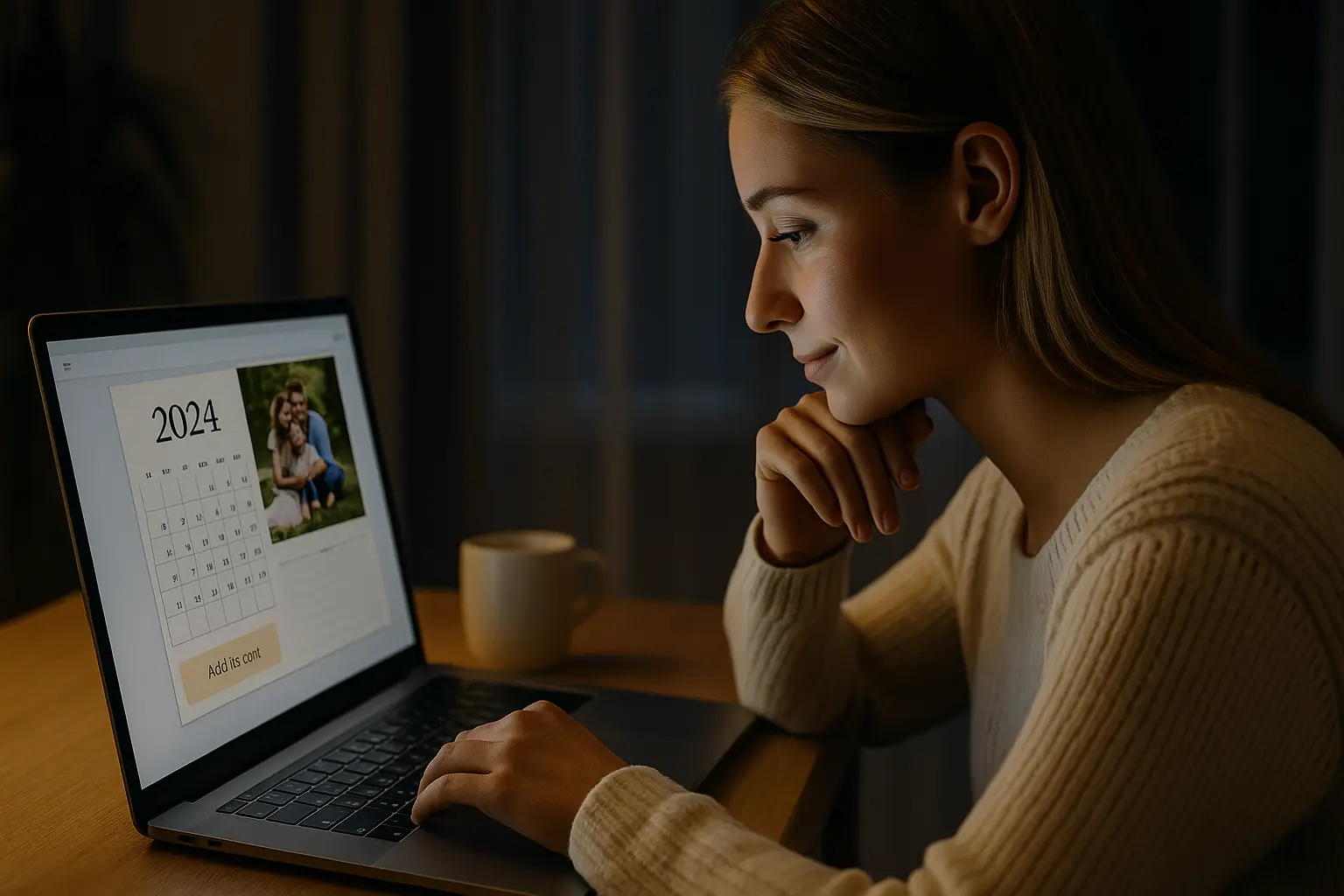 A young woman sitting at a desk in the evening, looking at her laptop while creating a custom 2024 photo calendar with family pictures. A warm light and a coffee mug create a cozy atmosphere.