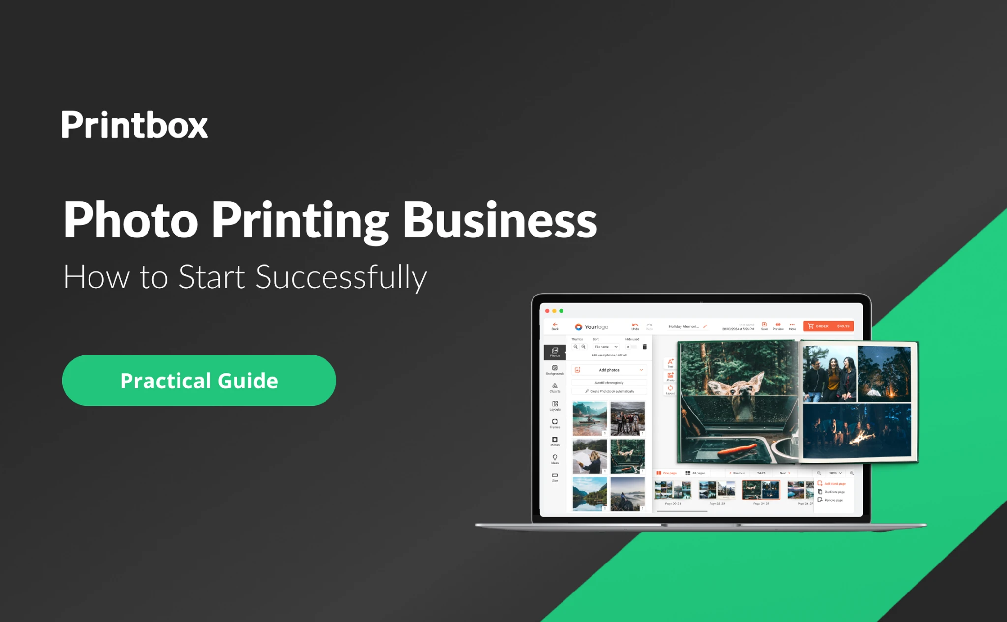 Printbox cover graphic for a practical guide on starting a photo printing business, featuring a laptop with an online photo editor and a dark-and-green background