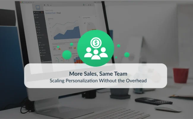 Computer screen displaying business analytics dashboard with an overlay text “More Sales, Same Team – Scaling Personalization Without the Overhead,” symbolizing growth without increasing resources.
