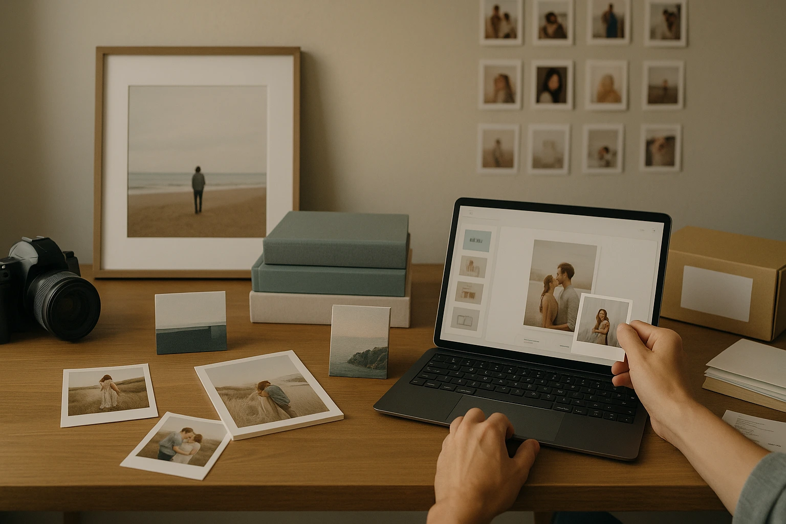 Photographer’s desk with camera, framed print, photo books, and tablet showing print on demand editor
