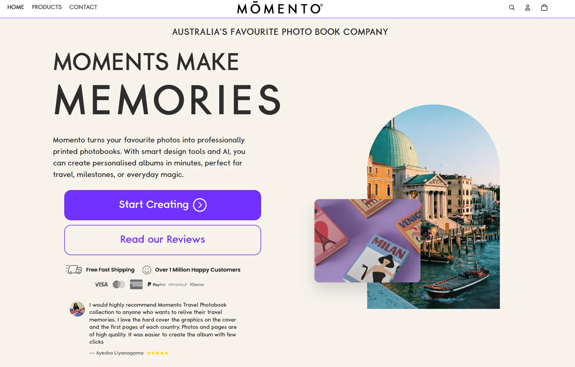 Screenshot of Momento’s homepage featuring travel photobooks with covers like Milan and Venice, promoting AI-powered personalized photo albums made in Australia.