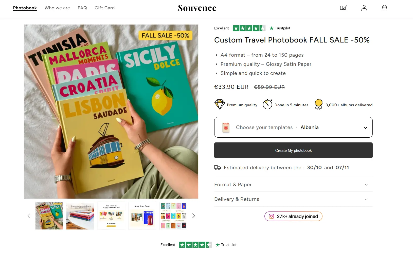 Product page of Souvence featuring custom travel photobooks with bright covers labeled Lisbon, Sicily, and Paris, promoting a -50% fall sale.
