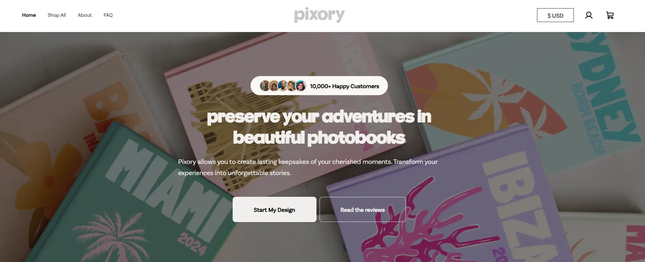 Homepage of Pixory showing colorful travel photobooks with city names like Miami and Ibiza, encouraging users to design their own photo books.