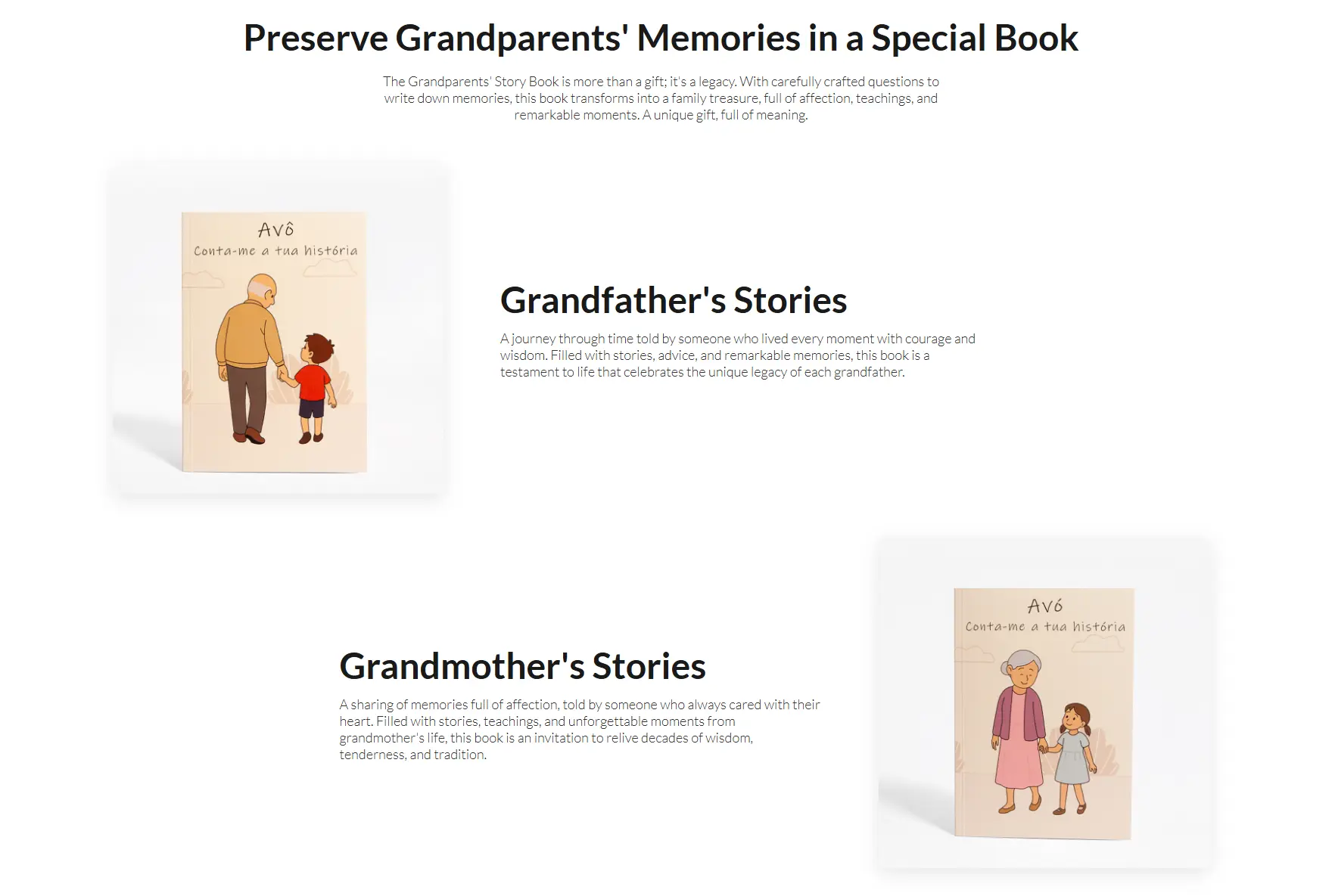 Illustration of “Grandfather’s Stories” and “Grandmother’s Stories” books designed to preserve grandparents’ memories and family heritage.