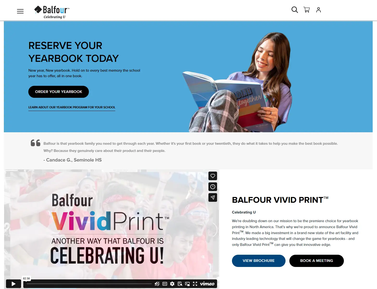 Screenshot of the Balfour website showing a student reading a yearbook and promoting Balfour VividPrint, an advanced printing technology for high-quality yearbooks.