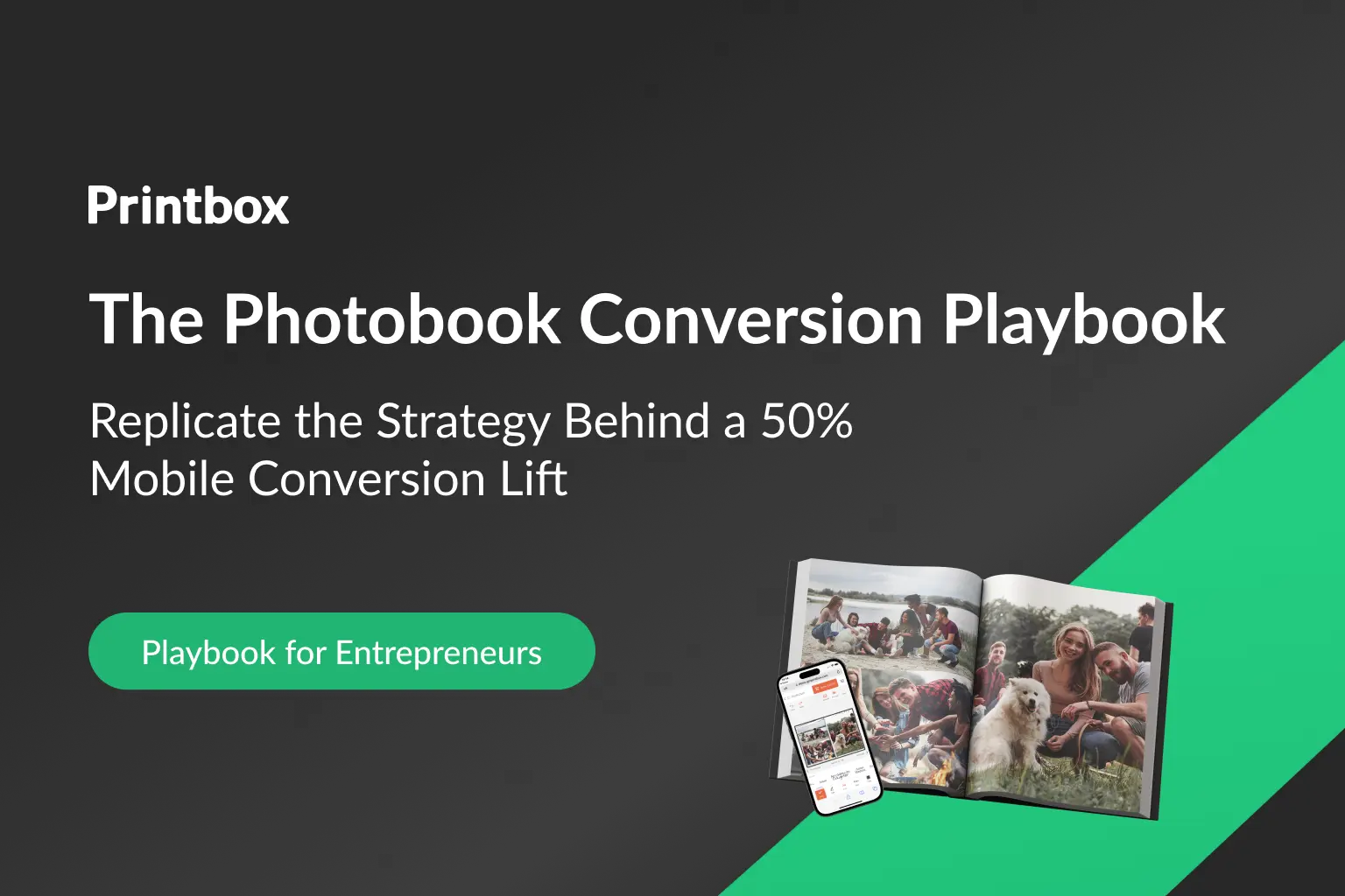 Printbox cover design for The Photobook Conversion Playbook featuring an open photobook and a mobile app preview