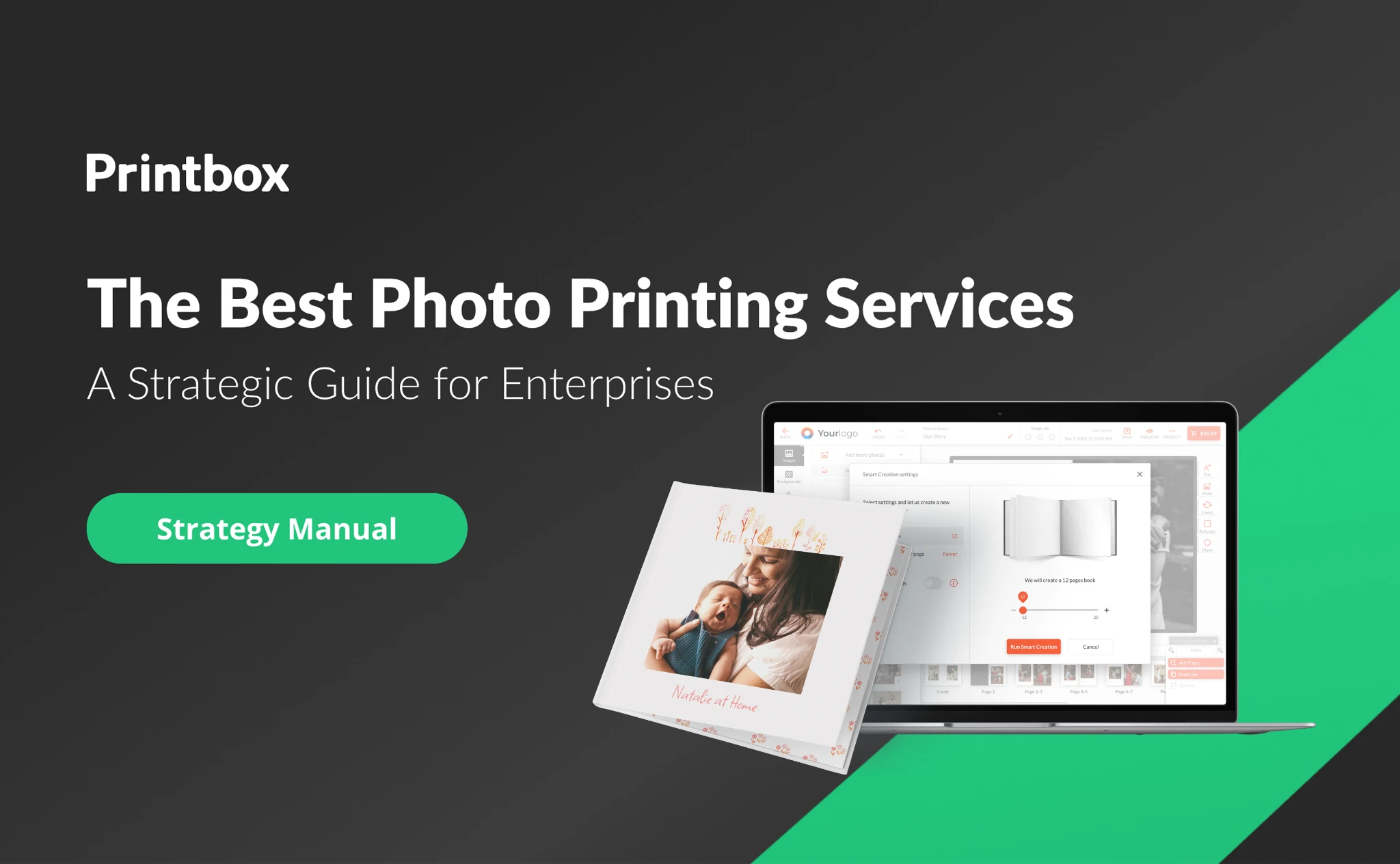 Printbox cover graphic for a strategic guide to choosing the best photo printing services for enterprises, featuring a photobook and laptop editor on a dark and green background