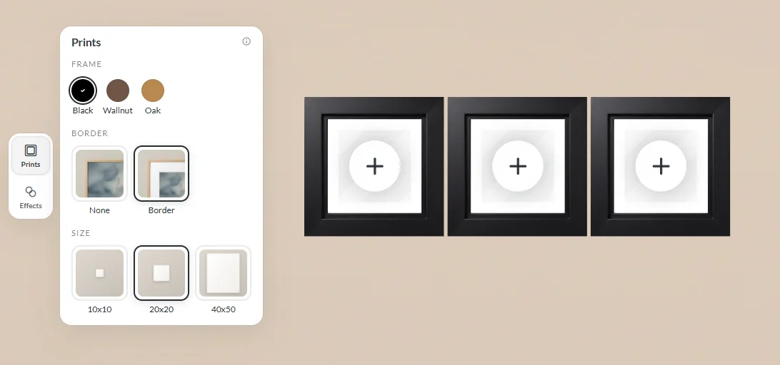Wall Art Editor panel with frame, border and size options for the whole wall