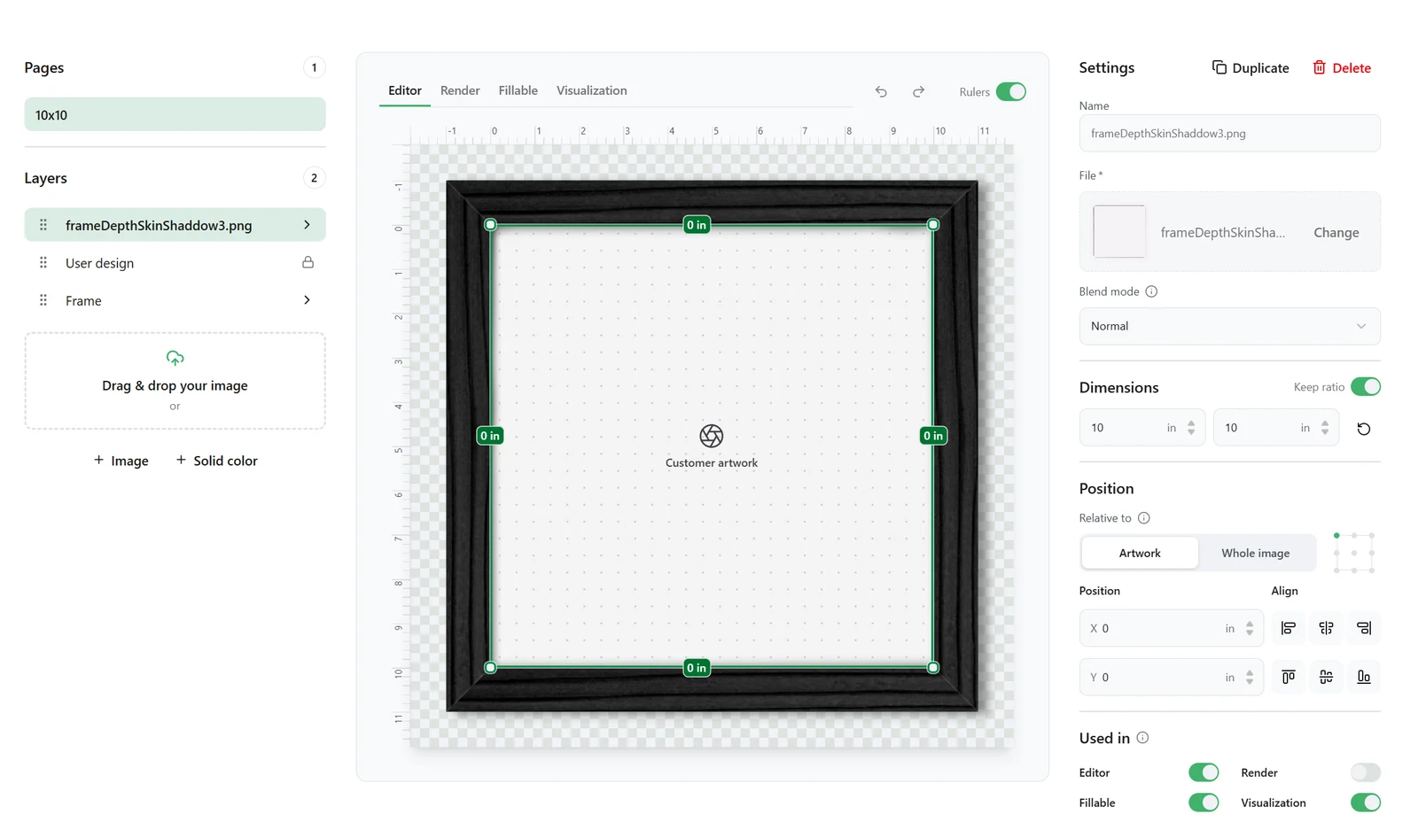 Mockup design editor with layers, live canvas and layer settings