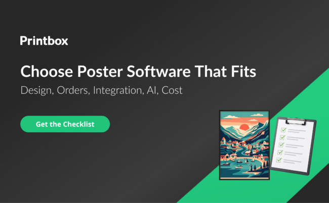 Choosing print-on-demand poster software: a framed poster next to a checklist clipboard