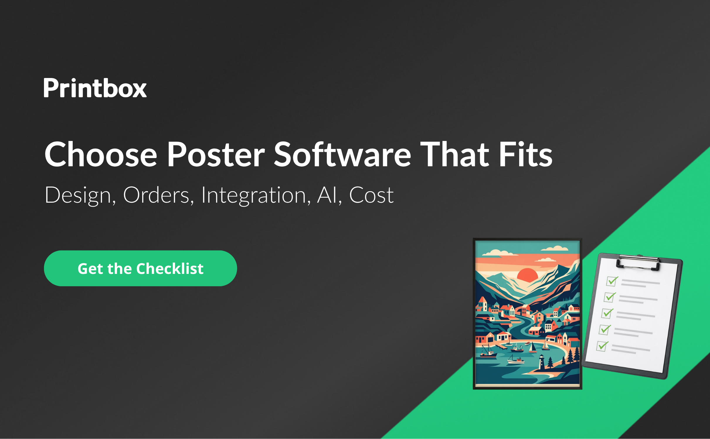 Choosing print-on-demand poster software: a framed poster next to a checklist clipboard