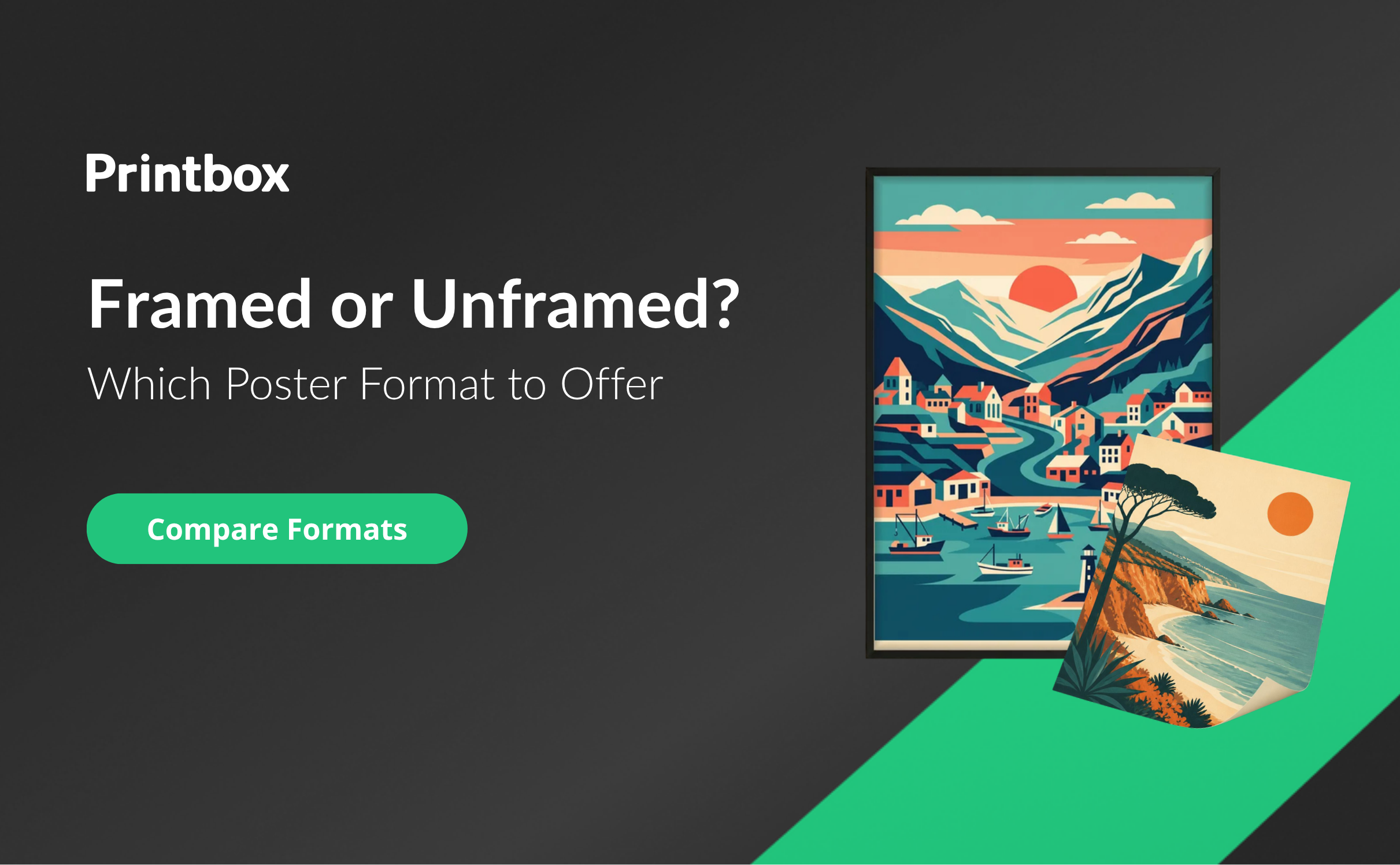 Framed or unframed print-on-demand posters: a framed travel poster next to a loose unframed print