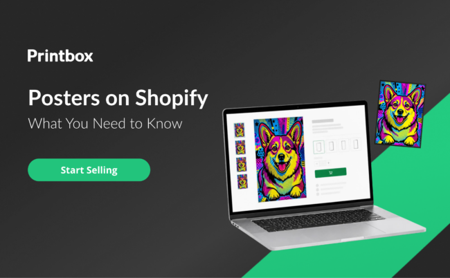 Selling print-on-demand posters on Shopify: a laptop showing a poster product page next to the printed pop-art poster