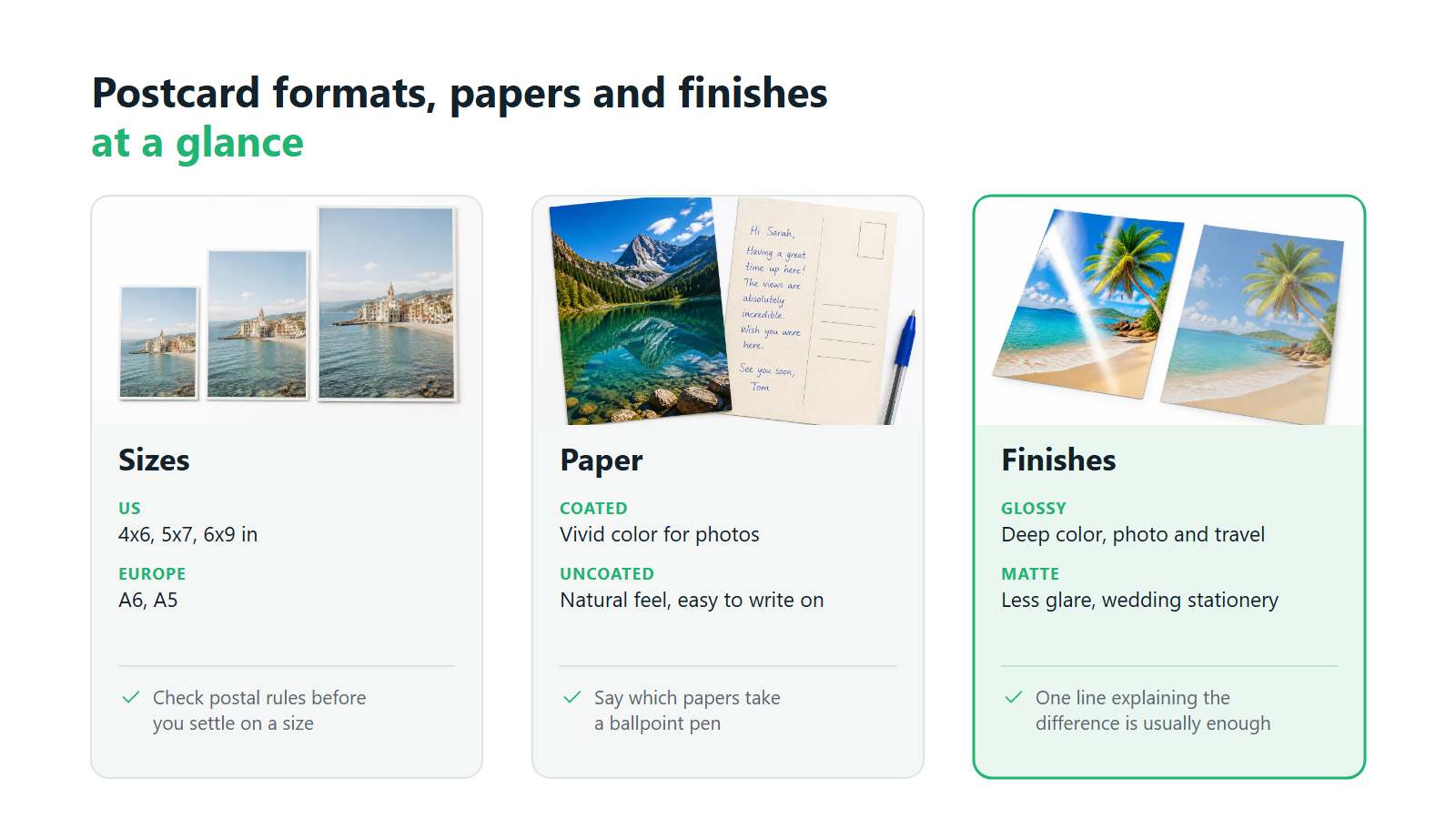 Postcard sizes, coated and uncoated papers, glossy and matte finishes shown on real postcards