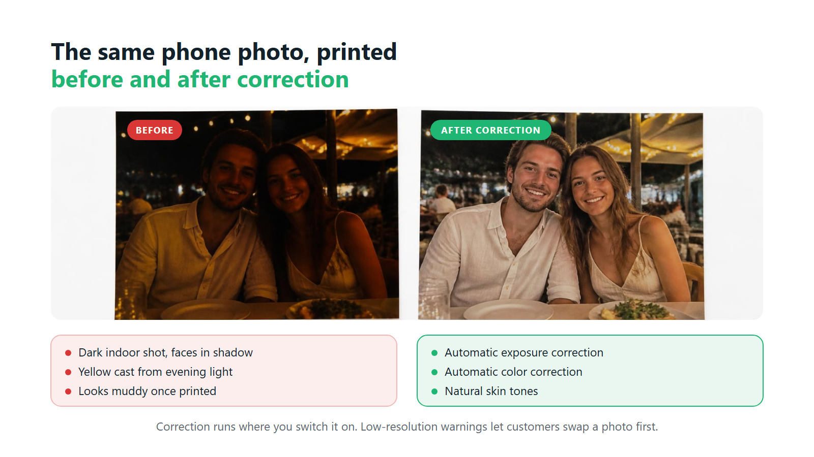 The same phone photo printed on a postcard before and after automatic exposure and color correction