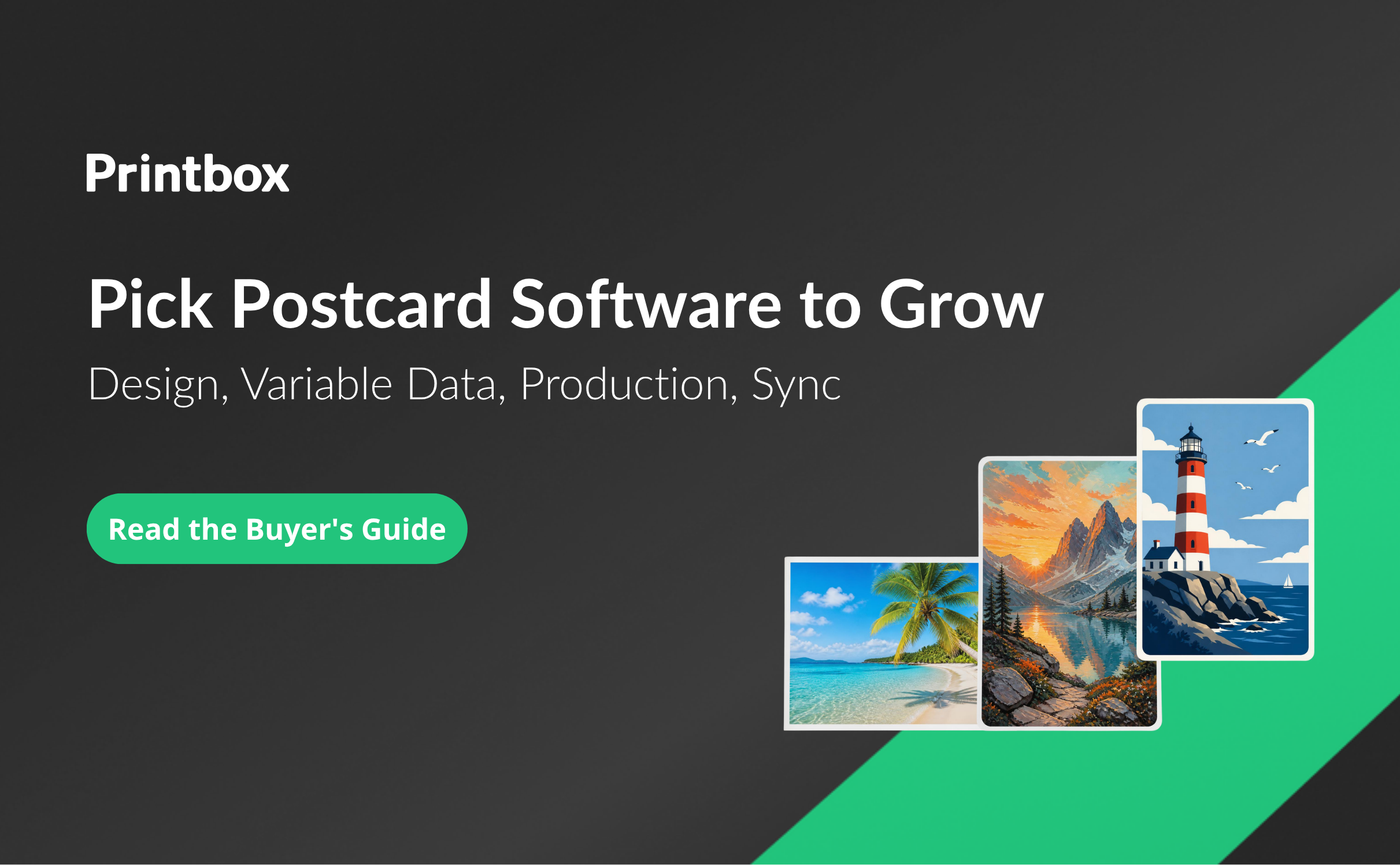Choosing print-on-demand postcard software: beach photo, mountain lake and lighthouse postcards