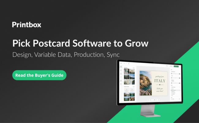 Choosing print-on-demand postcard software: monitor showing an online postcard design editor