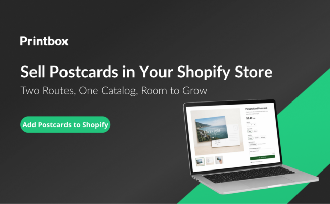 Laptop showing an online store product page for personalized postcards